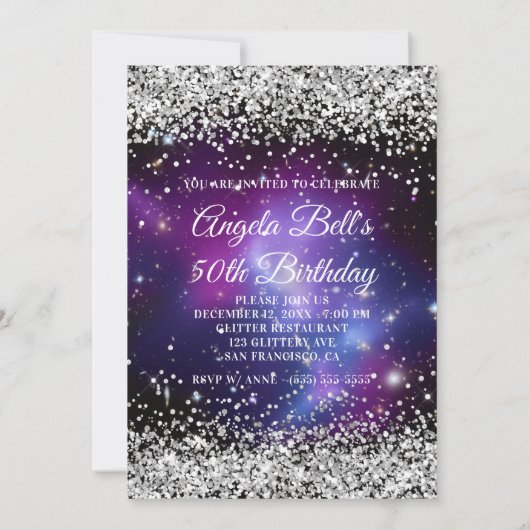Silver Glitter Celestial Paars 50th Birthday Kaart (Achterkant)
