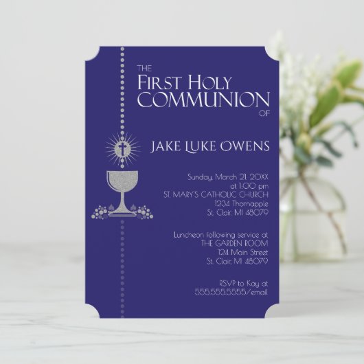 Silver Glitter Chalis First Communitation Invitati Kaart (Staand voorkant)