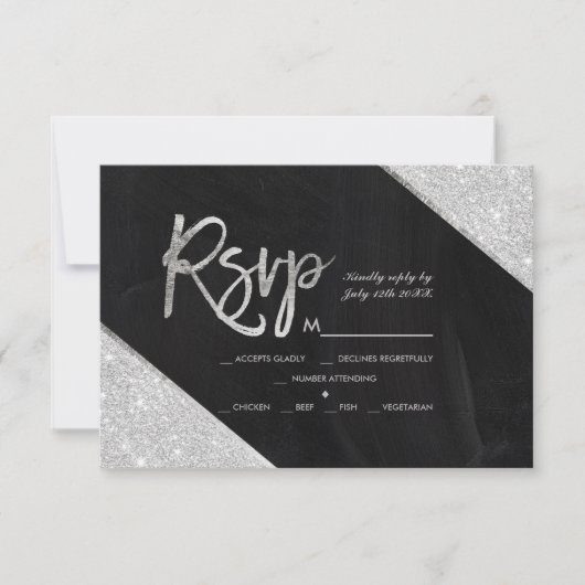 Silver glitter chalkboard script bruiloft Rsvp Kaartje (Voorkant)