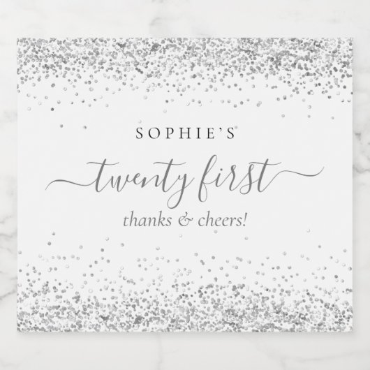 Silver Glitter Cheers 21e verjaardag Sparkling Wijnetiket (Enkel label)