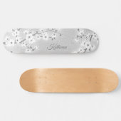 Silver Glitter Cherry Blossom Monogram Girly Persoonlijk Skateboard (Horizontaal)