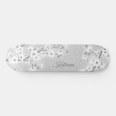 Silver Glitter Cherry Blossom Monogram Girly Persoonlijk Skateboard (Horizontaal)