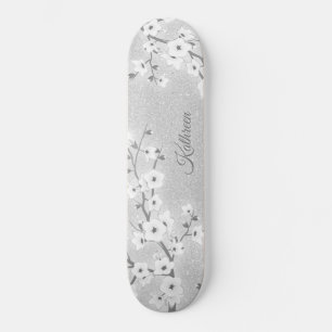 Silver Glitter Cherry Blossom Monogram Girly Persoonlijk Skateboard