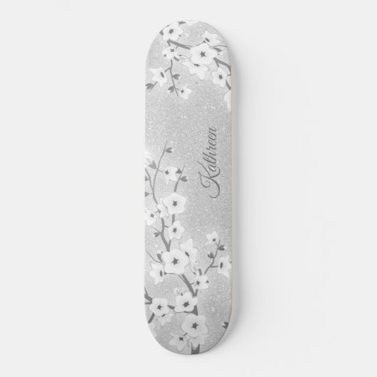 Silver Glitter Cherry Blossom Monogram Girly Persoonlijk Skateboard (Voorkant)
