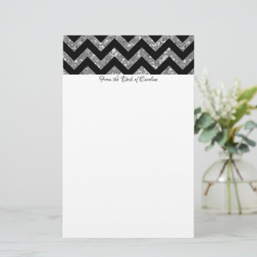 Silver Glitter Chevron Briefpapier (Staand voorkant)