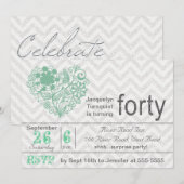Silver Glitter Chevron Stripe 40th Birthday Invite Kaart (Voorkant / Achterkant)