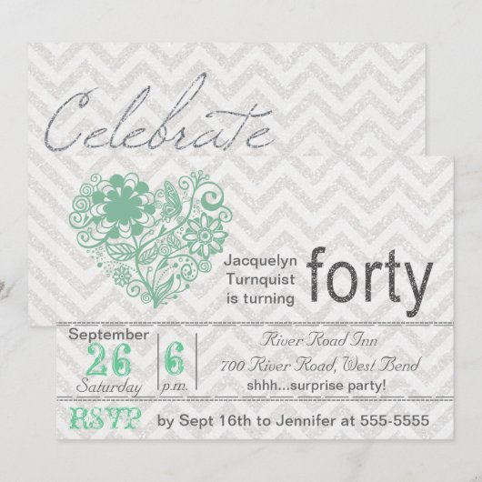 Silver Glitter Chevron Stripe 40th Birthday Invite Kaart (Voorkant / Achterkant)