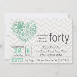 Silver Glitter Chevron Stripe 40th Birthday Invite Kaart
