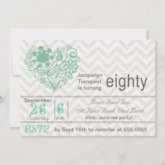 Silver Glitter Chevron Stripe 80th Birthday Invite Kaart (Voorkant)