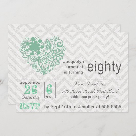Silver Glitter Chevron Stripe 80th Birthday Invite Kaart (Voorkant / Achterkant)