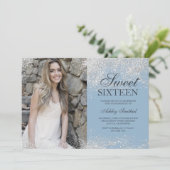 Silver glitter chic icy blue foto Sweet 16 Kaart (Staand voorkant)