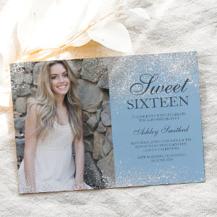 Silver glitter chic icy blue foto Sweet 16 Kaart