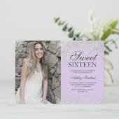 Silver glitter chic lavender foto Sweet 16 Kaart (Staand voorkant)