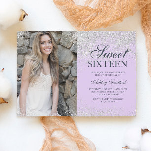 Silver glitter chic lavender foto Sweet 16 Kaart