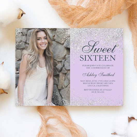 Silver glitter chic lavender foto Sweet 16 Kaart