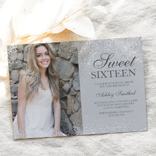 Silver glitter chic princess gray foto Sweet 16 Kaart