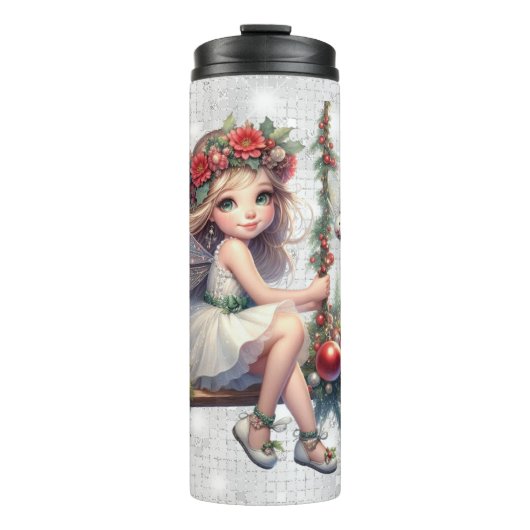 Silver Glitter Christmas Fairy Aangepaste naam Thermosbeker (Voorkant)