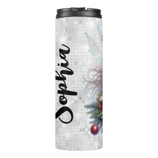 Silver Glitter Christmas Fairy Aangepaste naam Thermosbeker (Achterkant)