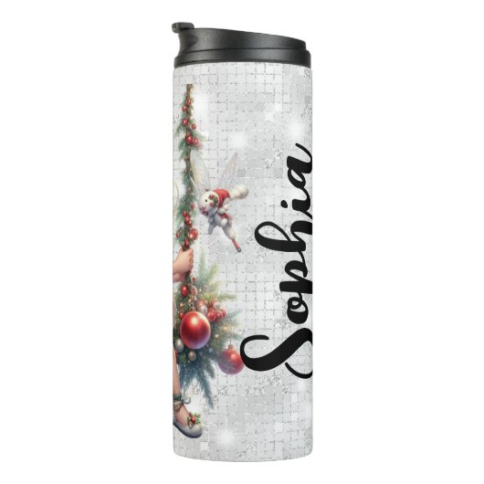 Silver Glitter Christmas Fairy Aangepaste naam Thermosbeker (Geroteerd rechts)