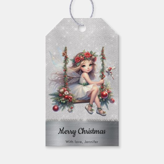 Silver Glitter Christmas Fairy Cadeaulabel (Voorkant)