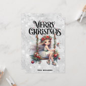 Silver Glitter Christmas Fairy Holiday Kaart (Voorkant / Achterkant in situ)