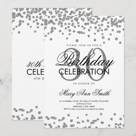 Silver Glitter Confetti 30th Birthday Wit Kaart (Voorkant / Achterkant)