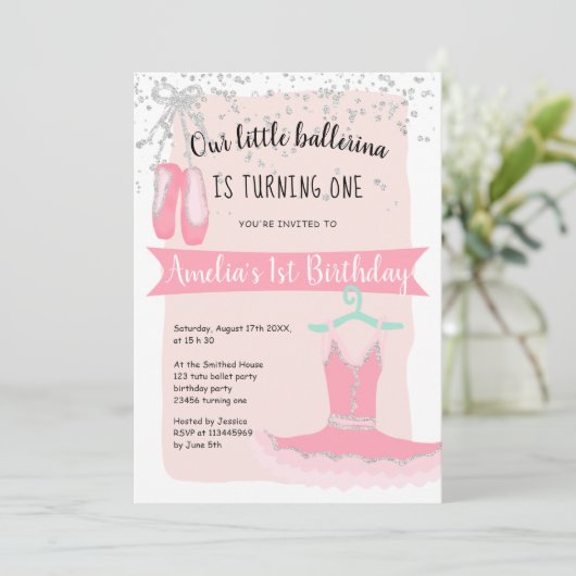Silver glitter confetti ballerina chic1st verjaard kaart (Staand voorkant)