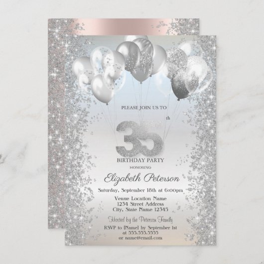 Silver Glitter Confetti Ballonnen 35e Verjaardag Kaart (Voorkant / Achterkant)