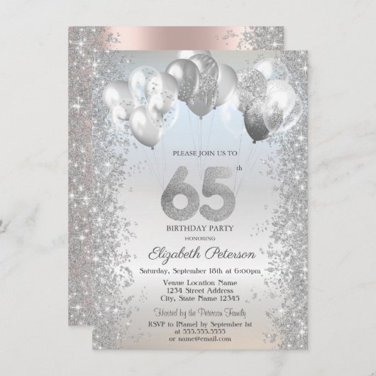 Silver Glitter Confetti Ballonnen 65e Verjaardag Kaart (Voorkant / Achterkant)