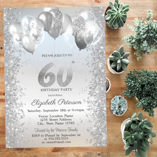 Silver Glitter Confetti Balloons 60e Verjaardag Kaart