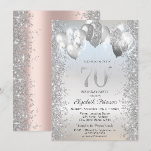 Silver Glitter Confetti Balloons 70e Verjaardag Kaart (Voorkant / Achterkant)