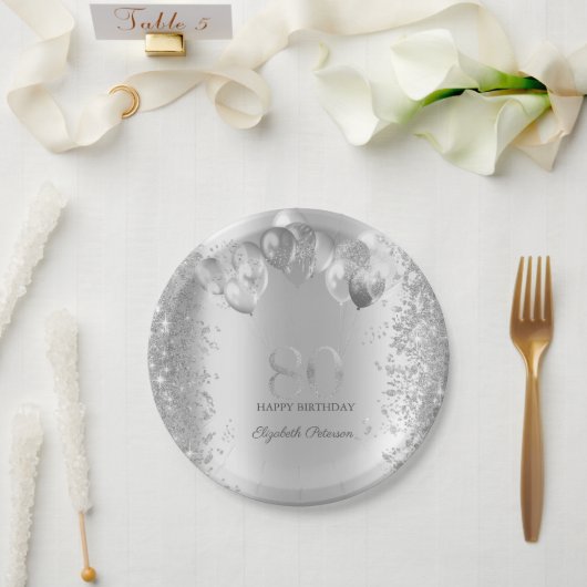Silver Glitter Confetti Balloons 80e Verjaardag Papieren Bordje (Huwelijk)