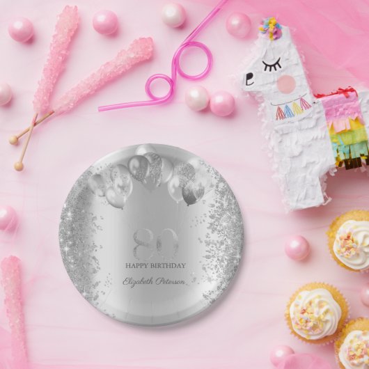 Silver Glitter Confetti Balloons 80e Verjaardag Papieren Bordje (Feest)