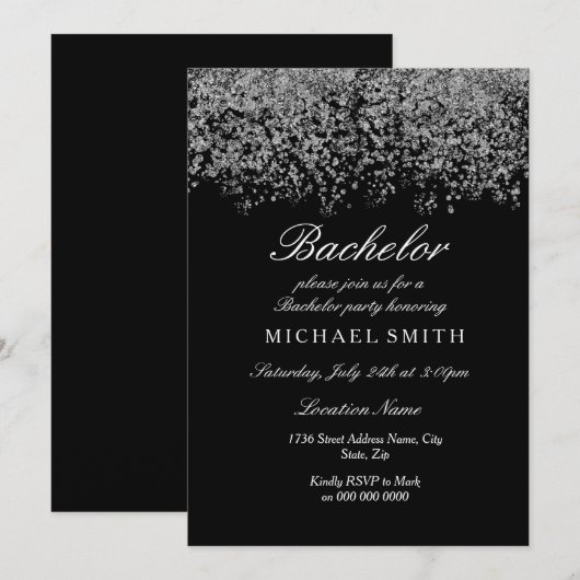 Silver Glitter Confetti Black Bachelor Party Kaart (Voorkant / Achterkant)