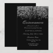 Silver Glitter Confetti Black Quinceanera Invite Kaart (Voorkant / Achterkant)
