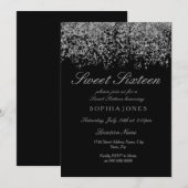 Silver Glitter Confetti Black Sweet 16 Uitnodiging (Voorkant / Achterkant)