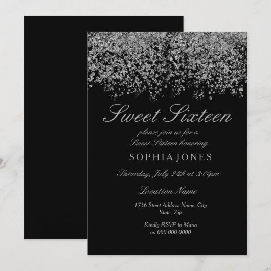 Silver Glitter Confetti Black Sweet 16 Uitnodiging (Voorkant / Achterkant)