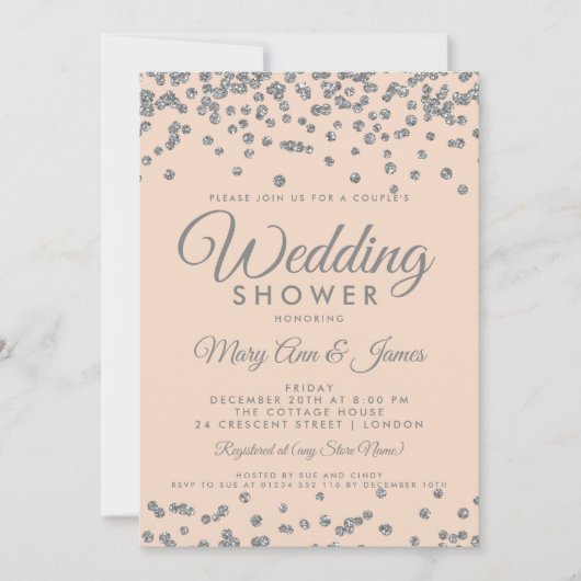 Silver Glitter Confetti Blush Couple's Shower Kaart (Voorkant)
