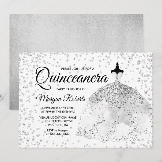 Silver Glitter Confetti Dress Quinceanera Invite Kaart (Voorkant / Achterkant)