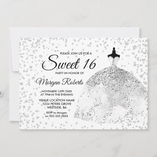 Silver Glitter Confetti Dress Sweet 16 Invite Kaart (Voorkant)
