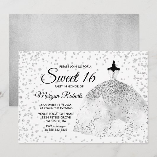 Silver Glitter Confetti Dress Sweet 16 Invite Kaart (Voorkant / Achterkant)