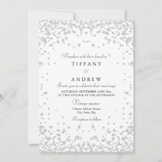 Silver Glitter Confetti Elegant Wedding Invitation Kaart (Voorkant)
