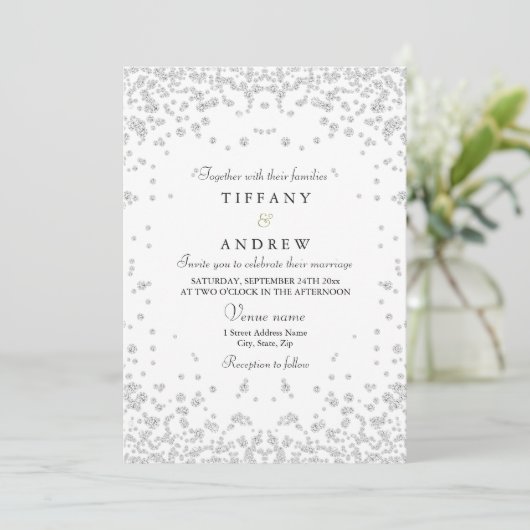 Silver Glitter Confetti Elegant Wedding Invitation Kaart (Staand voorkant)