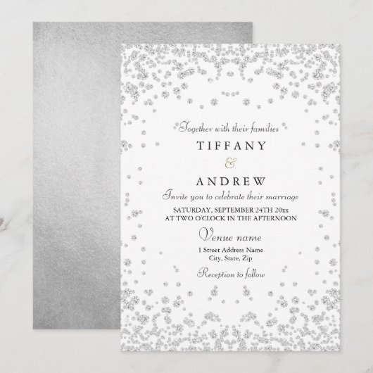 Silver Glitter Confetti Elegant Wedding Invitation Kaart (Voorkant / Achterkant)