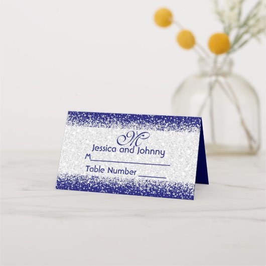 Silver Glitter Confetti en Royal Blue Plaatskaartje (Voorkant)