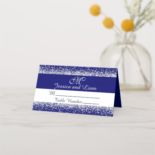 Silver Glitter Confetti en Royal Blue Plaatskaartje (Voorkant)