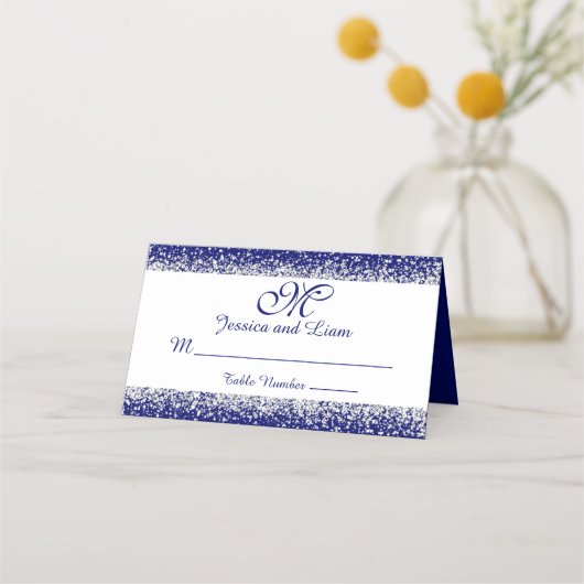 Silver Glitter Confetti en Royal Blue Plaatskaartje (Voorkant)