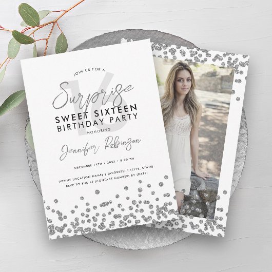 Silver Glitter Confetti foto Surprise Sweet 16 Kaart