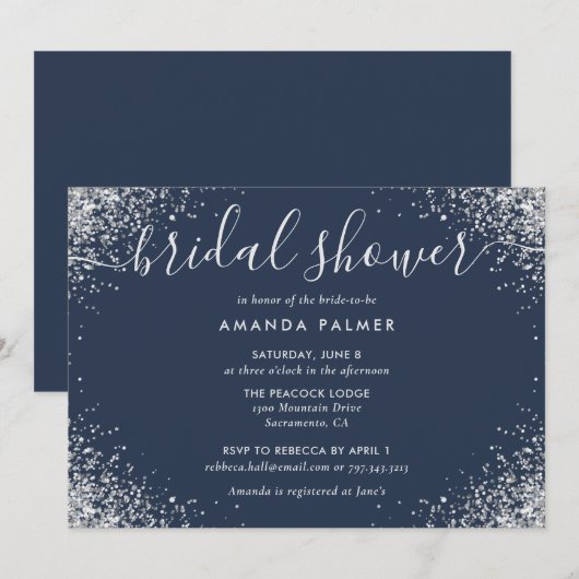 Silver Glitter Confetti Navy Blue Vrijgezellenfees Kaart (Voorkant / Achterkant)