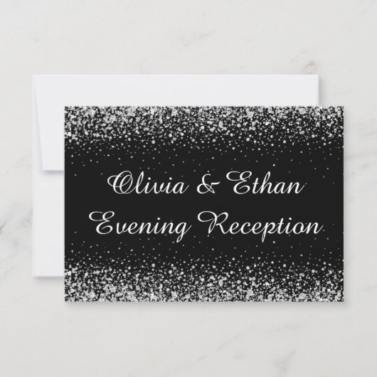 Silver Glitter Confetti op Pure Black avond RSVP Kaartje (Voorkant)